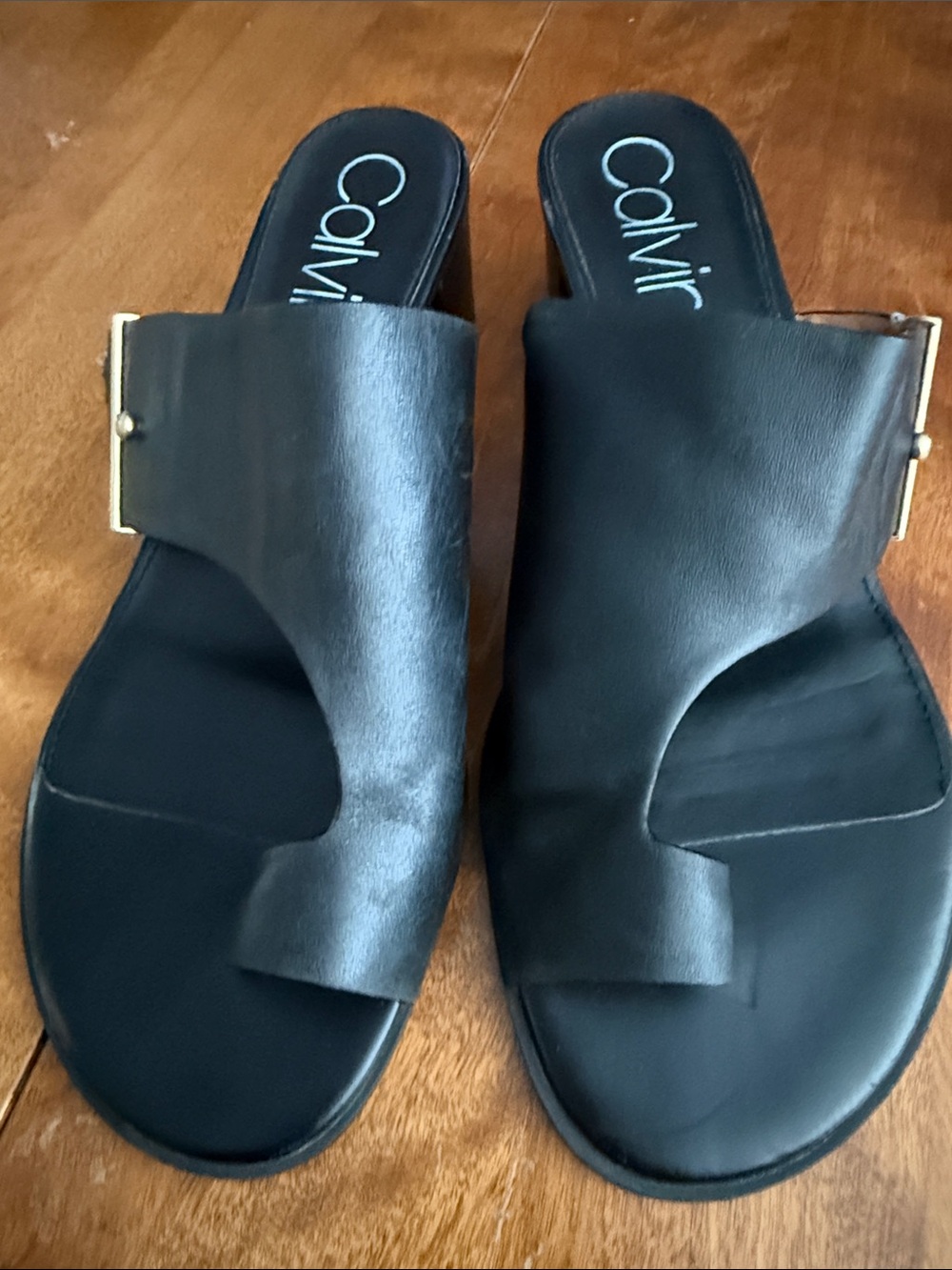 Calvin Klein Black Leather Slide Sandals with Gold Accent